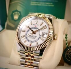 ROLEX OYSTER PERPETUAL SKY DWELLER SILVER GOLD WHITE DIAL WITH OG BOX