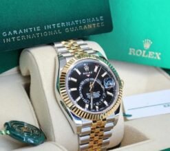 ROLEX OYSTER PERPETUAL SKY DWELLER SILVER GOLD BLACK DIAL WITH OG BOX